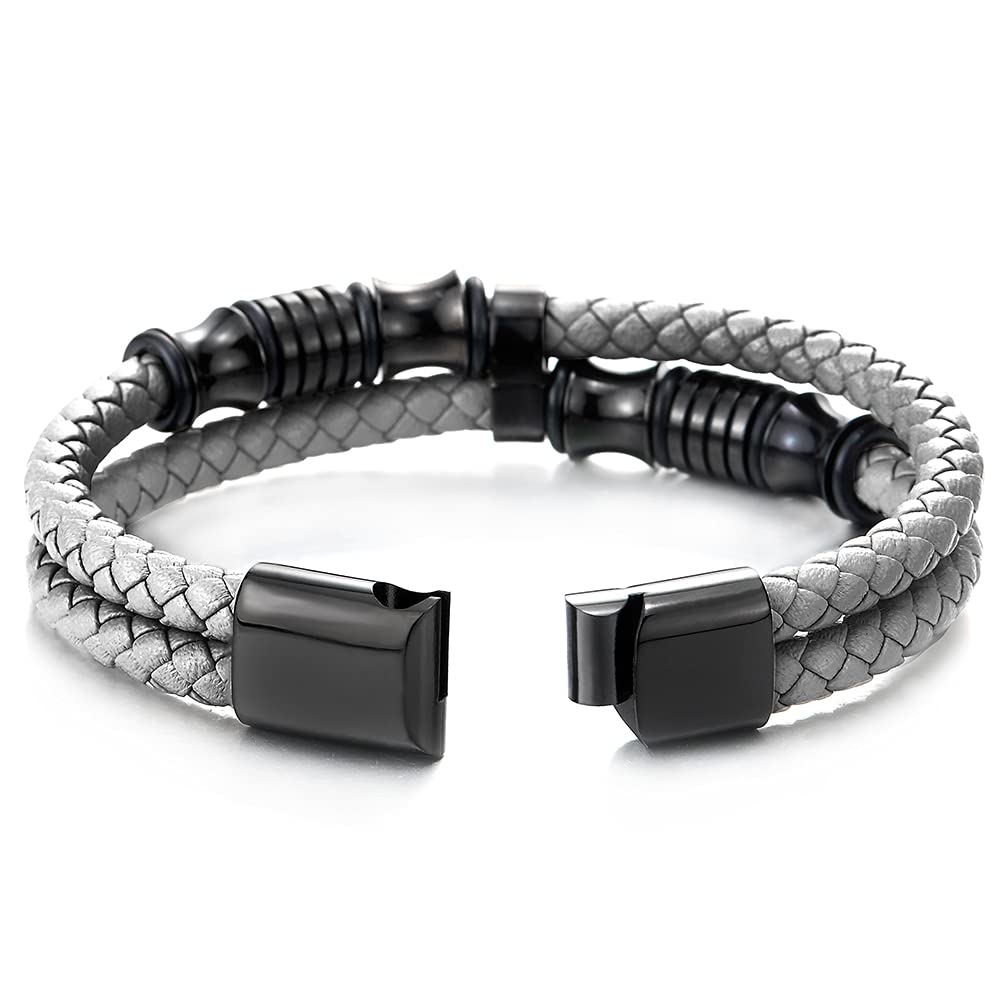 COOLSTEELANDBEYOND Mens Double-Row Braided Leather Bracelet Bangle Wristband with Stainless Steel Ornaments