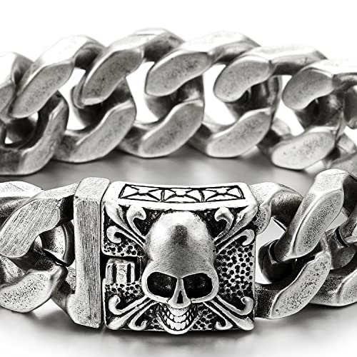 COOLSTEELANDBEYOND Mens Large Vintage Brushed Finishing Steel Curb Chain Bracelet with Fleur De Lis and Skull