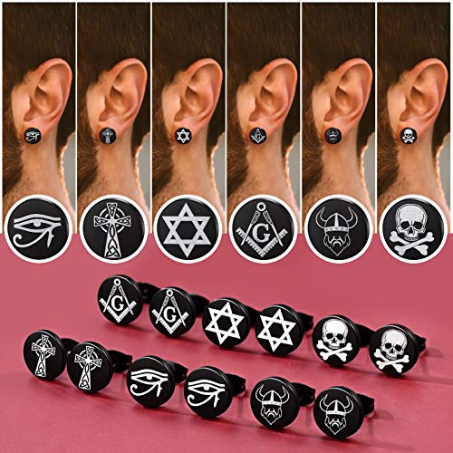 FaithHeart Cool Earrings Set Viking Runes Stuff/Eye of Horus/Cross Black Studs/Hoops Earrings for Men Women with Delicate Packaging