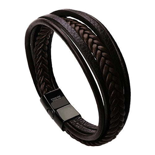 murtoo Mens Leather Bracelet with Clasp Cowhide Multi-Layer Braided Leather Mens Bracelet