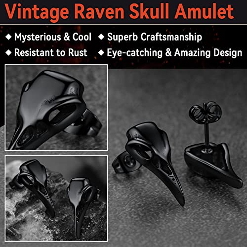 FaithHeart Raven Stud Earrings for Women Men, Stainless Steel Punk Gothic Norse Viking Crow Ear Studs with Delicate Gift Packaging