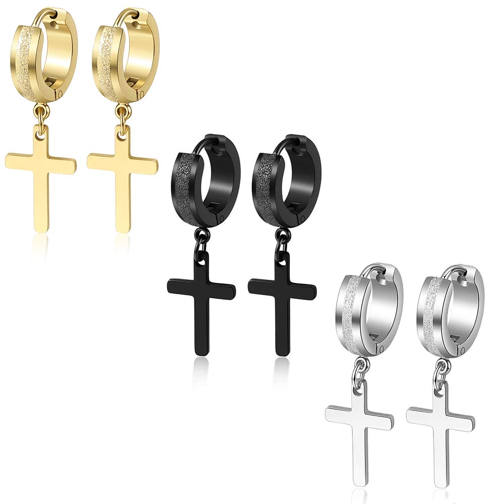 Men Women Stainless Steel Cross Earrings Set Dangle Hinged Earrings of Dangle Hinged Earrings Cross hoop Earrings