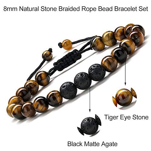 M MOOHAM Natural Stone Bracelets for Men - 8mm Tiger Eye | Matte Agate | Lava Rock Bracelets for Men Teen Boys Gifts Fathers Day Anniversary Birthday Gifts for Him