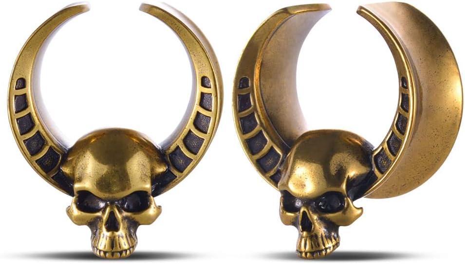 2PCS Punk Skull Ear Tunnels Brass Vintage Double Flared Plugs Cool Gothic Goat Head Ear Gauges Stretcher Piercings Gauge 0g to 1 inch