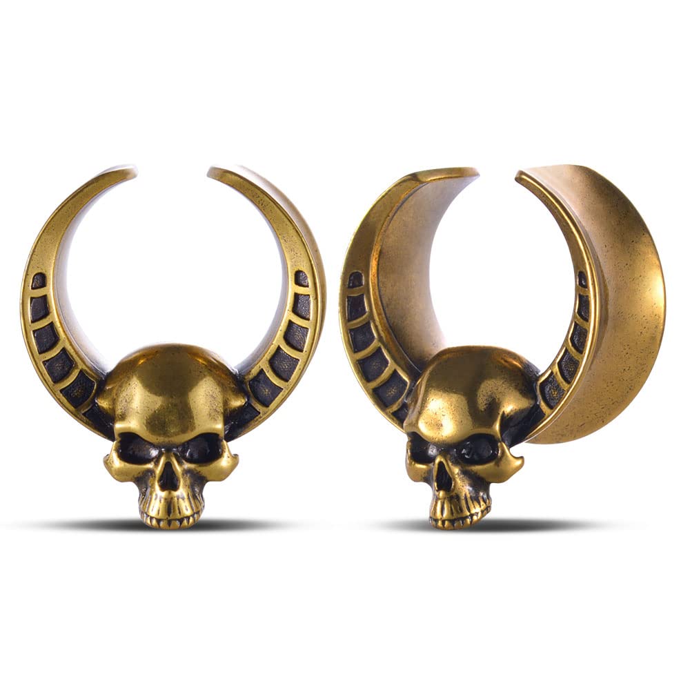 2PCS Punk Skull Ear Tunnels Brass Vintage Double Flared Plugs Cool Gothic Goat Head Ear Gauges Stretcher Piercings Gauge 0g to 1 inch