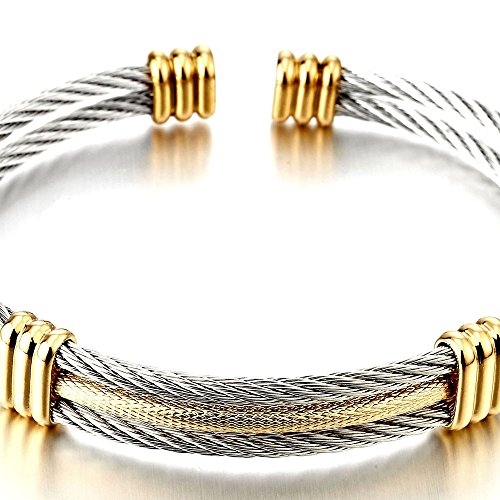 COOLSTEELANDBEYOND Men Women Stainless Steel Twisted Cable Adjustable Cuff Bangle Bracelet