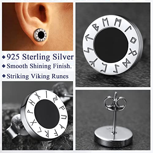 FaithHeart Sterling Silver Viking Runes Earrings for Men Women Black Onyx Stud Earrings Norse Mythology Amulet Jewelry with Gift Box