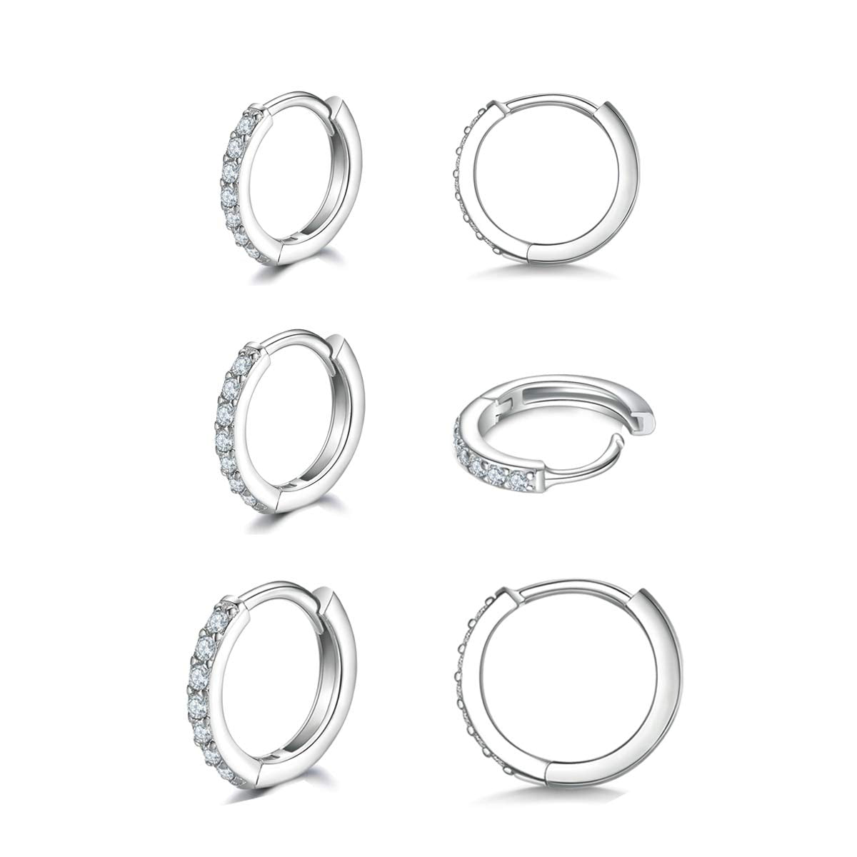 925 Sterling Silver Small Hoop Earrings Cubic Zirconia Huggie Hoop Earrings, 3 Pairs 14K White Gold Plated Cartilage Piercing Earrings Ear Cuff Tiny Hoop Earrings for Women Men