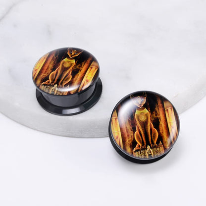 1 Pair Acrylic Solid Screw On Ear Plugs Tunnels Resin Allergy Free Stretcher Egyptian Cat Goddess Egypt Mythology Color Drawing For Women Men Body Piercing Jewelry