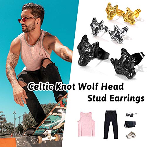 FaithHeart Norse Viking Jewelry Sterling Silver/Stainless Steel Stud Earrings Celtic Wolf/Thors Hammer Studs for Women Men