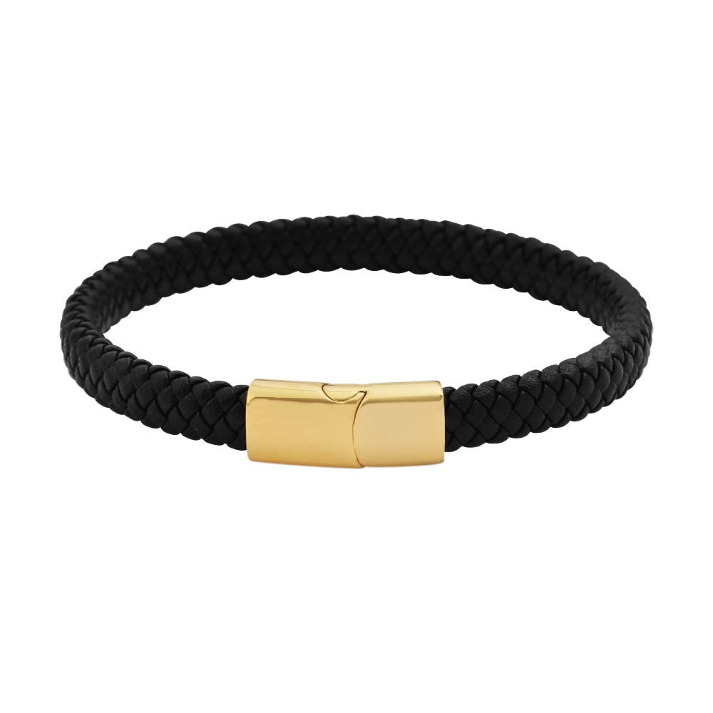 Geoffrey Beene Men's Braided Genuine Leather Bracelet with Stainless Steel Closure