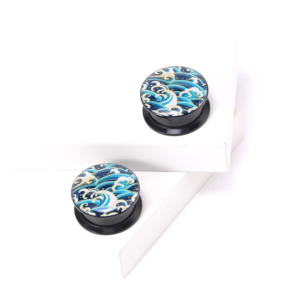 1 Pair Acrylic Solid Screw On Ear Plugs Tunnels Epoxy Allergy Free 2g - 1 Inch Stretcher Japanese Wave Pattern Vector Art Color Drawing For Women For Men Body Piercing Jewelry