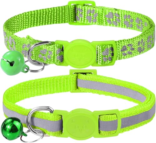 Taglory Reflective Cat Collars Breakaway with Bell, 2-Pack Girl Boy Pet Kitten Collar Adjustable 7.5-12.5 Inch, Green