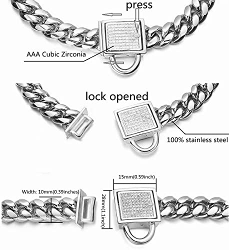 Gold Dog Chain Collar 10mm Wide Cuban Link Puppy Collar 316L Stainless Steel with CZ Diamond Lock Bling Collar for Large Medium Small Dogs(10mm Gold,10inches)