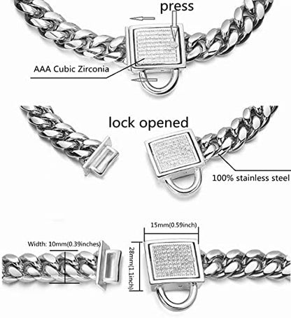 Gold Dog Chain Collar 10mm Wide Cuban Link Puppy Collar 316L Stainless Steel with CZ Diamond Lock Bling Collar for Large Medium Small Dogs(10mm Gold,10inches)