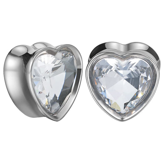 Surgical Steel Heart-Shaped Zircon Double Flared Ear Tunnels And Plugs Stretcher Expander Sold As Pair Gauge 8mm-25mm