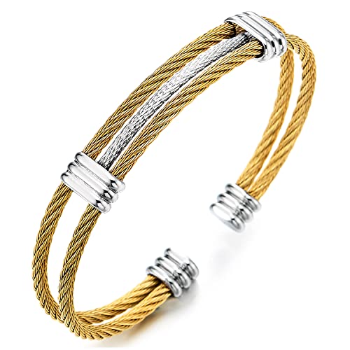 COOLSTEELANDBEYOND Men Women Stainless Steel Twisted Cable Adjustable Cuff Bangle Bracelet