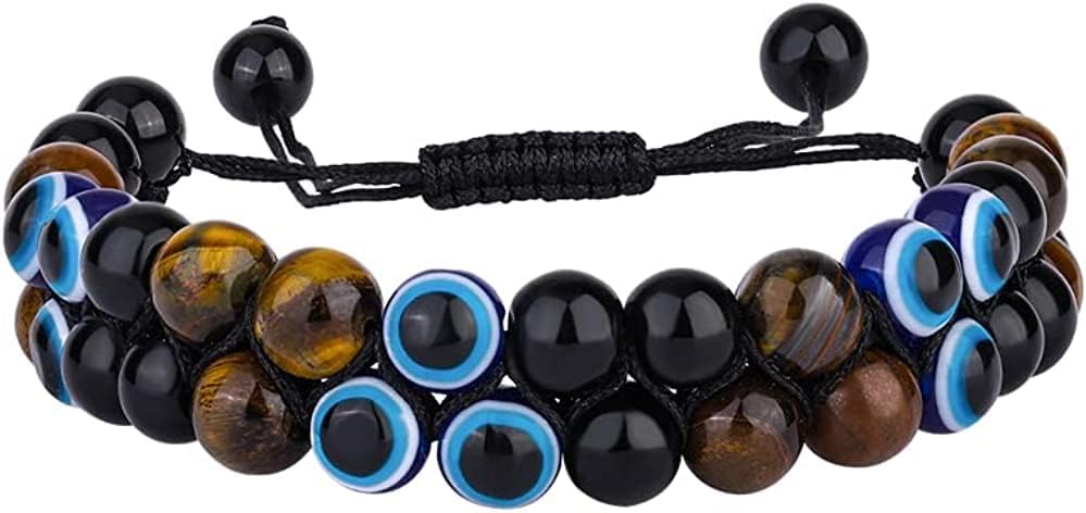 Natural Stone Agate Elastic Evil Eye Bracelet Kit with Charms Adjustable for Men Boyfriend for Gift Boys Stretch Bracelet for son Gifts 6mm