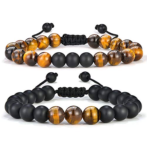 M MOOHAM Natural Stone Bracelets for Men - 8mm Tiger Eye | Matte Agate | Lava Rock Bracelets for Men Teen Boys Gifts Fathers Day Anniversary Birthday Gifts for Him