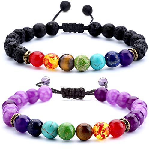 Hamoery Men Women 8mm Lava Rock Beads Chakra Bracelet Braided Rope Natural Stone Yoga Bracelet Bangle