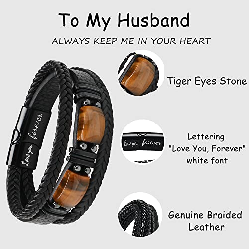 𝗚𝗶𝗳𝘁𝘀 𝗳𝗼𝗿 𝗠𝗲𝗻 𝗟𝗲𝗮𝘁𝗵𝗲𝗿 𝗕𝗿𝗮𝗰𝗲𝗹𝗲𝘁 With Tigers Eye, Father's Day Christmas Anniversary Birthday Gifts for Son Husband Grandson Boyfriend Brother Dad Love You Forever Bracelets for Men