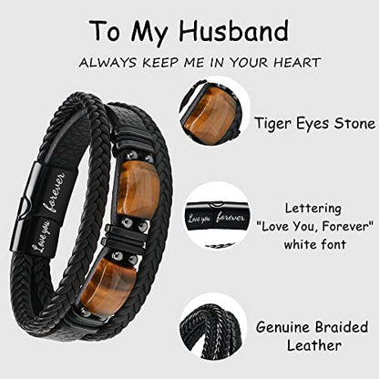 𝗚𝗶𝗳𝘁𝘀 𝗳𝗼𝗿 𝗠𝗲𝗻 𝗟𝗲𝗮𝘁𝗵𝗲𝗿 𝗕𝗿𝗮𝗰𝗲𝗹𝗲𝘁 With Tigers Eye, Father's Day Christmas Anniversary Birthday Gifts for Son Husband Grandson Boyfriend Brother Dad Love You Forever Bracelets for Men