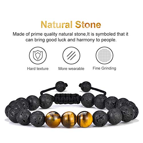 M MOOHAM Natural Stone Bracelets for Men - 8mm Tiger Eye | Matte Agate | Lava Rock Bracelets for Men Teen Boys Gifts Fathers Day Anniversary Birthday Gifts for Him