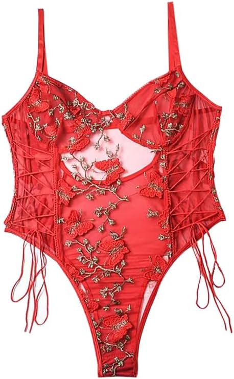 Lilosy Women Sexy Lace Up Floral Embroidered Teddy Lingerie Bodysuit Top Mesh Sheer One Piece