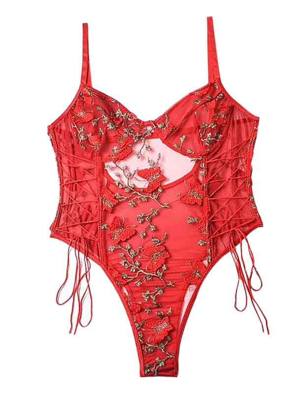 Lilosy Women Sexy Lace Up Floral Embroidered Teddy Lingerie Bodysuit Top Mesh Sheer One Piece