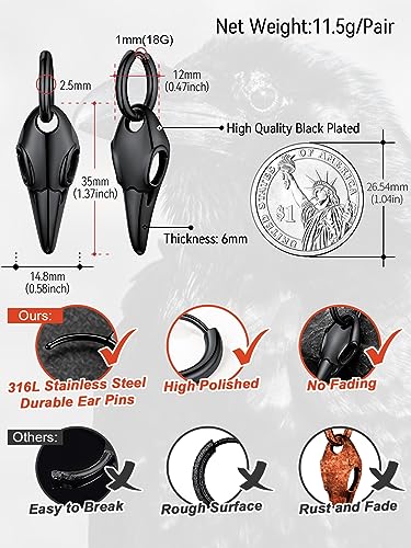 FaithHeart Raven Stud Earrings for Women Men, Stainless Steel Punk Gothic Norse Viking Crow Ear Studs with Delicate Gift Packaging