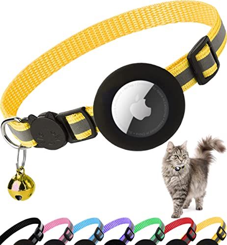 Airtag Cat Collar Breakaway, Reflective Kitten Collar with Apple Air Tag Holder and Bell for Girl Boy Cats, 0.4 Inches in Width and Lightweight(Black)