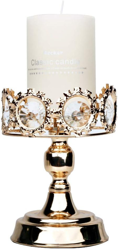 Gold Pillar Candle Holder, Premium Gold Candlestick Holder with Deluxe Crystal Design (Gold Crystal)