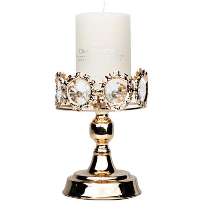 Gold Pillar Candle Holder, Premium Gold Candlestick Holder with Deluxe Crystal Design (Gold Crystal)
