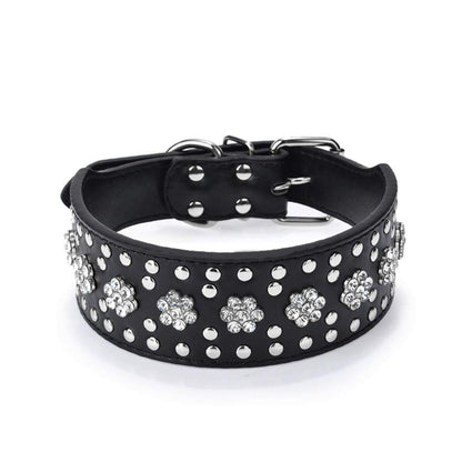 Rhinestones Dog Collars Flower Pattern Rhinestone Studded Leather Sparkly Crystal Diamonds Dazzling Elegant Fancy PU Leather Dog Collar for Medium & Large Dogs (M:17-20 inch, Purple)