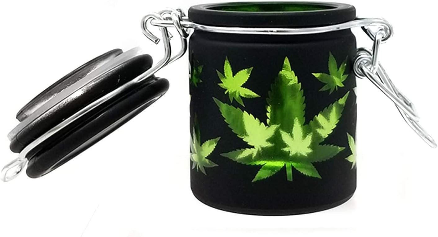 Airtight Glass Herb Mini Stash Jar with Clamping Lid in Choice of Design (Black Frosted with Green Leaf)