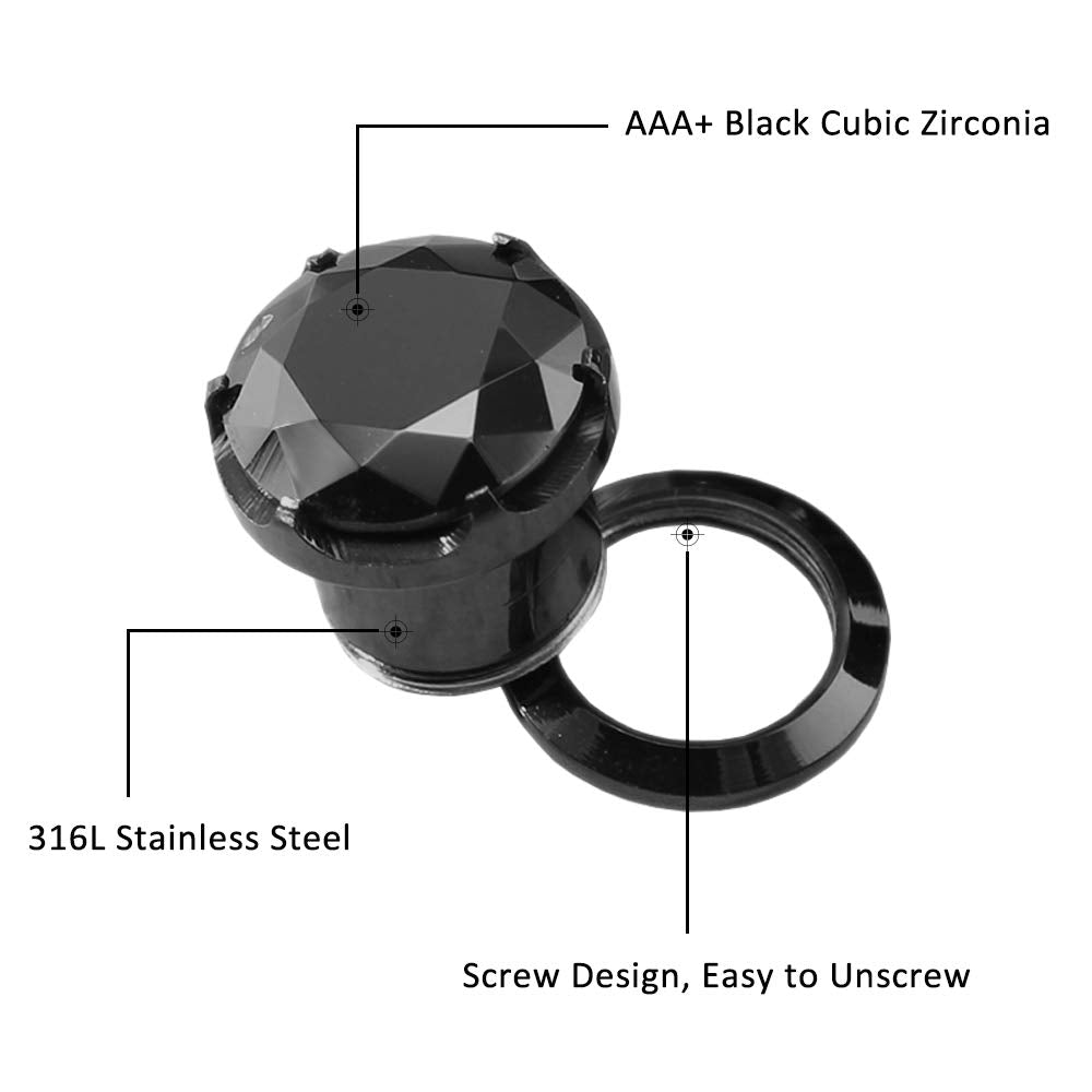 ZS Black CZ Stone Ear Gauges Stainless Steel Screw Plugs Tunnel Ear Expander Stretcher Piercing