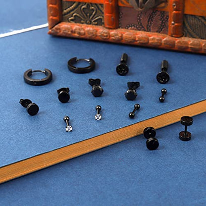 Black Stainless Steel Stud Earrings for Men Women Small Huggie Hoop Earrings Set for Men Cool Goth Punk Earrings Barbell Earrings Black Silver Hoop Cartilage Earring (Classic) (Black Tone)