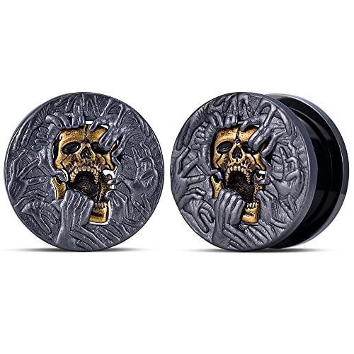 2PCS Cool Ear Gauges Gothic Skull Flesh Tunnels Screw Fit Plugs For Stretched Ears Expander Hanger Piercing Jewelry 0g to 1 inch