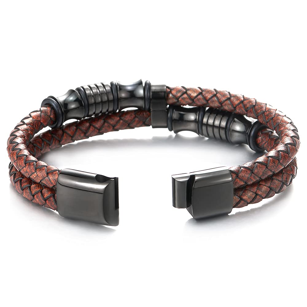 COOLSTEELANDBEYOND Mens Double-Row Braided Leather Bracelet Bangle Wristband with Stainless Steel Ornaments