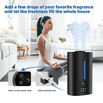 6L Humidifiers for Bedroom Large Room Home, Cool and Warm for Baby and Plants Mist Top Fill Desk Humidifiers Essential Oil Diffuser, Quiet with Adjustable Mist,360°Nozzle-Black