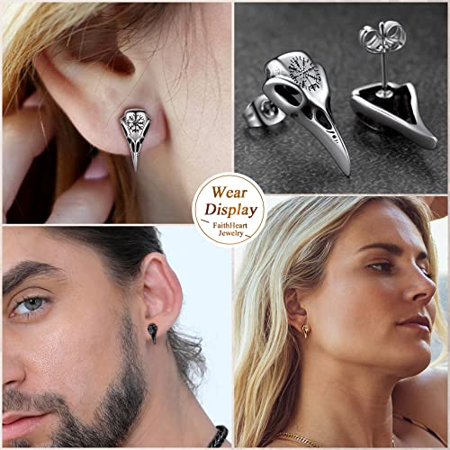 FaithHeart Raven Stud Earrings for Women Men, Stainless Steel Punk Gothic Norse Viking Crow Ear Studs with Delicate Gift Packaging