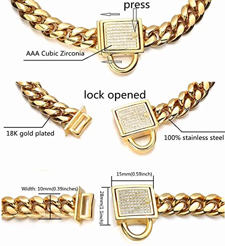 Gold Dog Chain Collar 10mm Wide Cuban Link Puppy Collar 316L Stainless Steel with CZ Diamond Lock Bling Collar for Large Medium Small Dogs(10mm Gold,10inches)