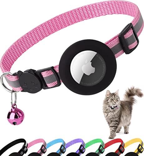 Airtag Cat Collar Breakaway, Reflective Kitten Collar with Apple Air Tag Holder and Bell for Girl Boy Cats, 0.4 Inches in Width and Lightweight(Black)