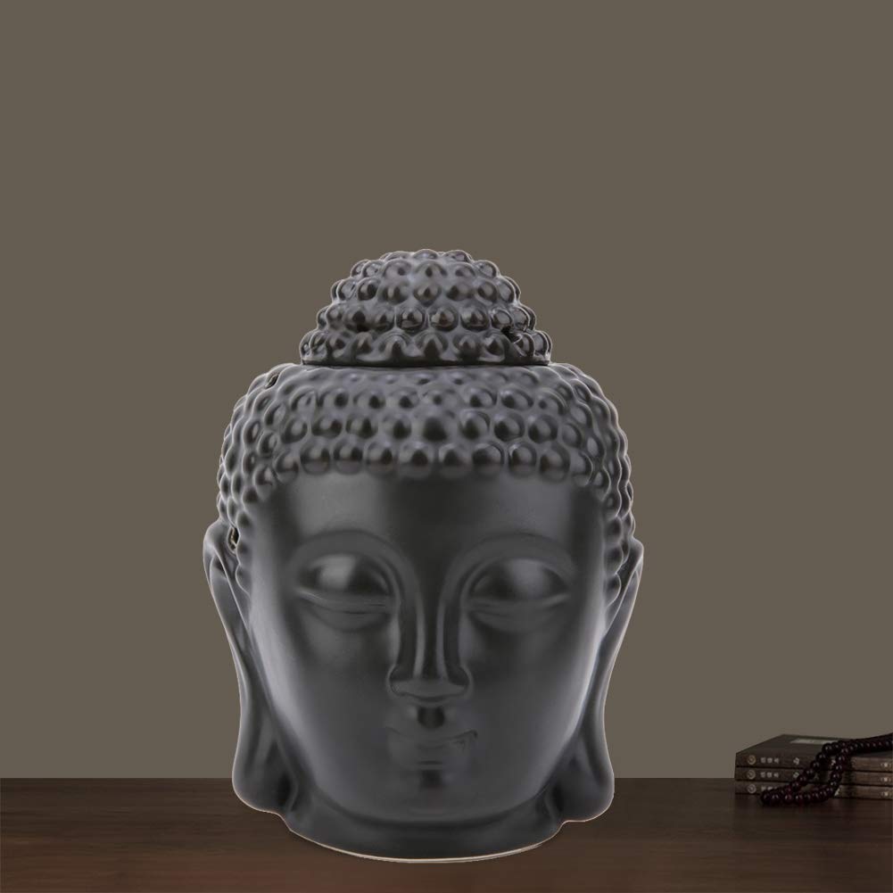 Ceramic Buddha Head Incense Essential Oil Diffuser Aromatherapy Essential Oil Candle Holder Home Buddhist Decorative Fragrance Oil Lamp Black