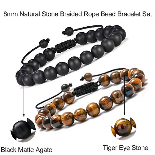 M MOOHAM Natural Stone Bracelets for Men - 8mm Tiger Eye | Matte Agate | Lava Rock Bracelets for Men Teen Boys Gifts Fathers Day Anniversary Birthday Gifts for Him