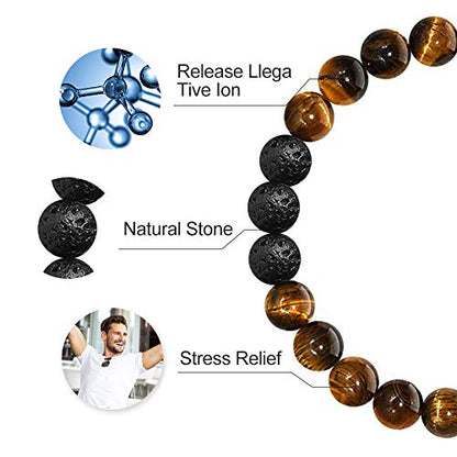 M MOOHAM Natural Stone Bracelets for Men - 8mm Tiger Eye | Matte Agate | Lava Rock Bracelets for Men Teen Boys Gifts Fathers Day Anniversary Birthday Gifts for Him