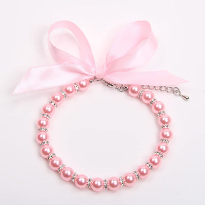 Dog Cat Pearls Necklace Collar with Bling Accessories and Ribbon Bow Pet Puppy Jewelry for Female Dogs Cats Small Medium (XL, Pink)