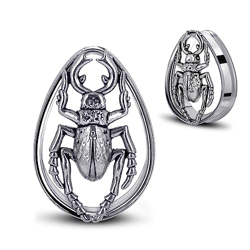 COOEAR 1 Pair Double FLared Tear Drop Ear Tunnels Piercing Stainless Steel Scarab Gauges Silvery Earrings Plugs 0g to 1".