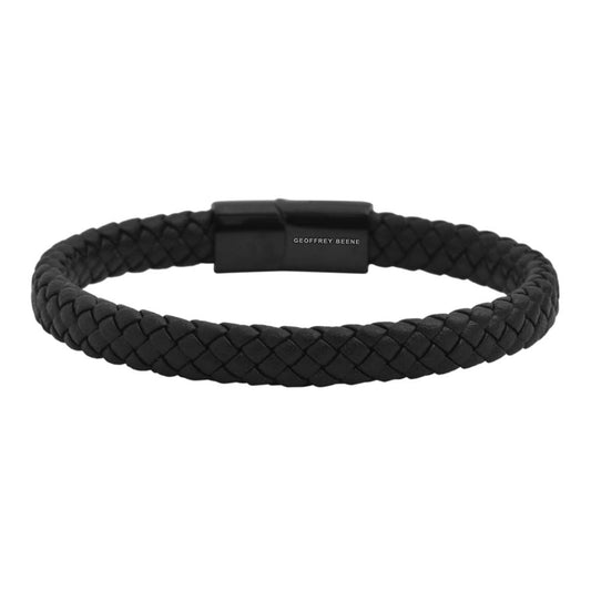 Geoffrey Beene Men's Braided Genuine Leather Bracelet with Stainless Steel Closure