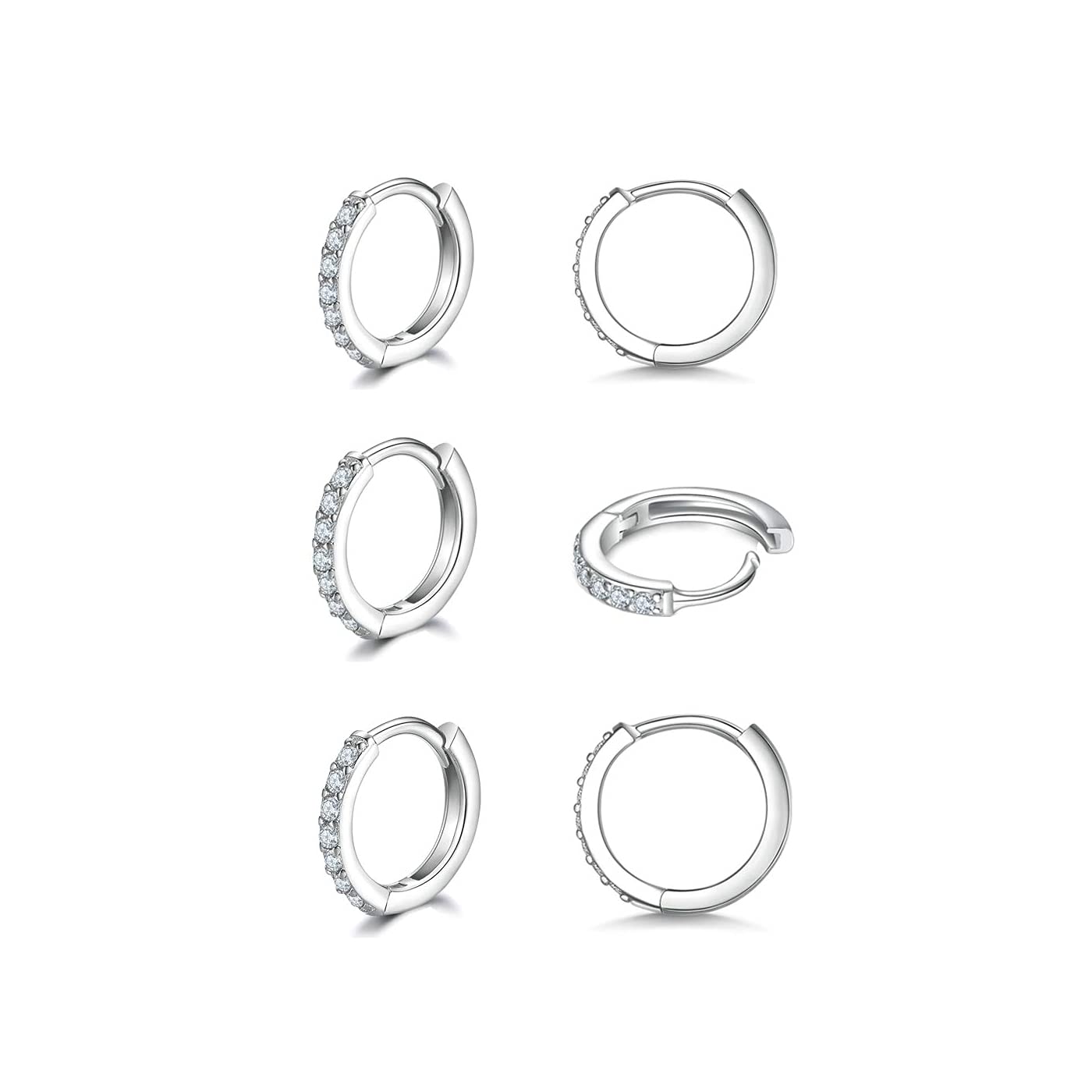 925 Sterling Silver Small Hoop Earrings Cubic Zirconia Huggie Hoop Earrings, 3 Pairs 14K White Gold Plated Cartilage Piercing Earrings Ear Cuff Tiny Hoop Earrings for Women Men